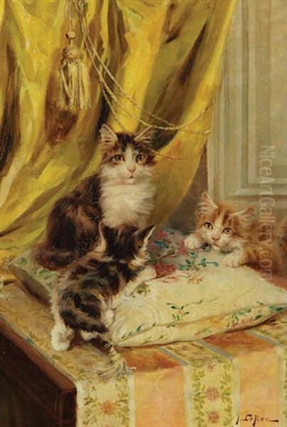 Trois Chats Sur Un Coussin Pres D'un Rideau Jaune Oil Painting by Jules Leroy