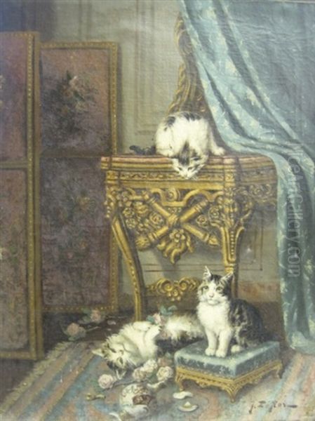 Naughty Kitties Oil Painting by Jules Leroy