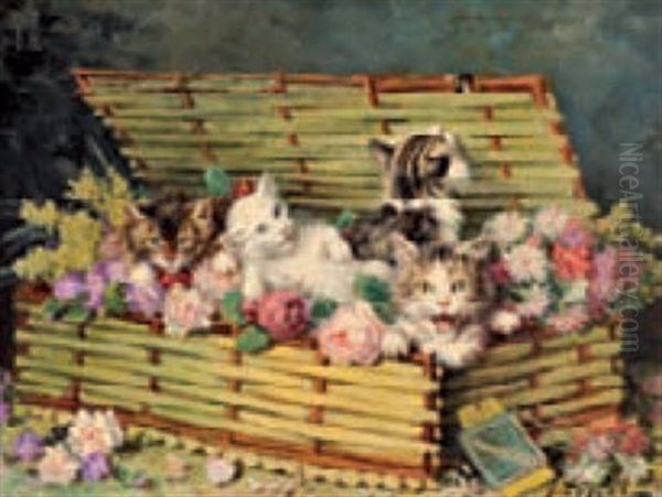 Chatons Dans Un Panier De Fleurs Oil Painting by Jules Leroy