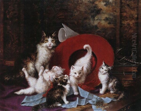 Katzen Vor Rotem Hut Oil Painting by Jules Leroy