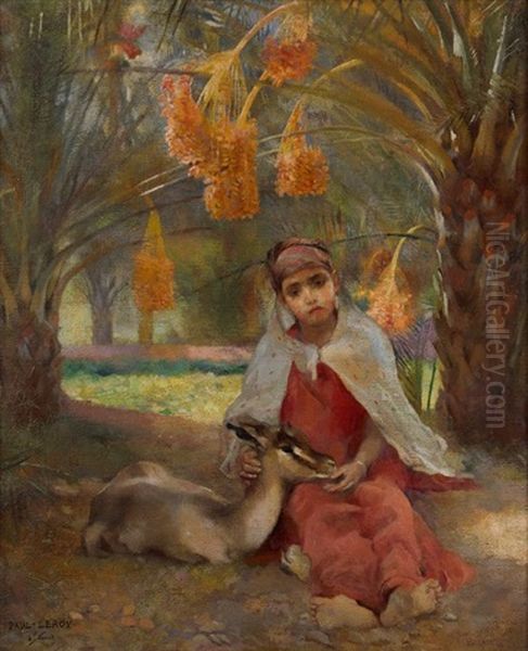 Les Deux Gazelles, Jeune Arabe Dans Un Jardin Dattier, Biskra Oil Painting by Paul Alexandre Alfred Leroy