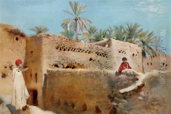 Sur Les Terrasses De Chetma, Biskra Oil Painting by Paul Alexandre Alfred Leroy