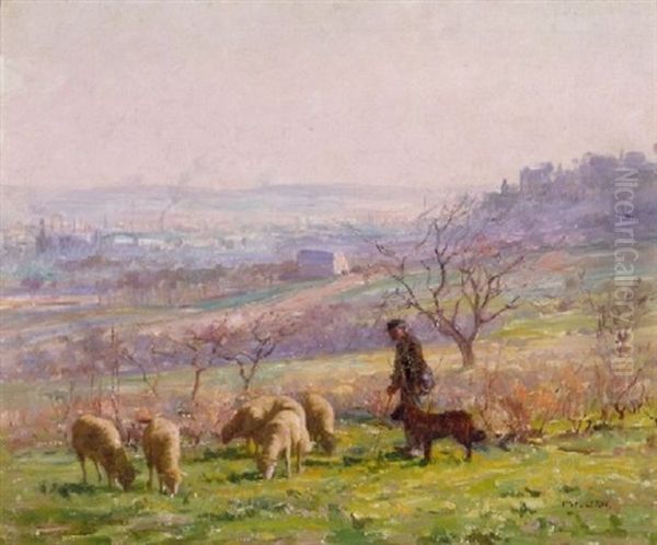 Farmer With His Flock Of Sheep Outside A French City Oil Painting by Paul Alexandre Alfred Leroy