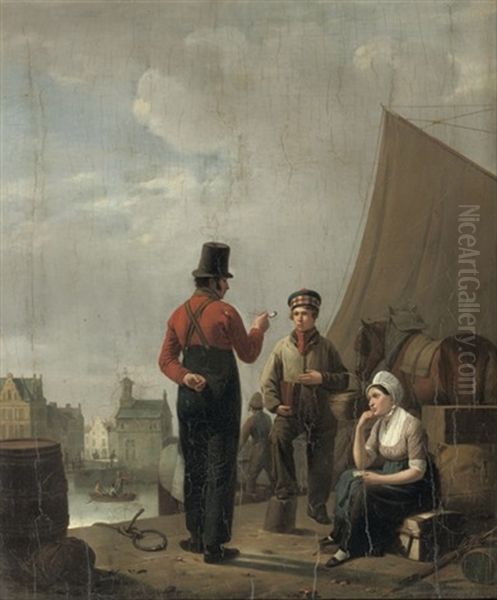 Figures On A Quay In A Town Oil Painting by Pierre Francois Charles Leroy