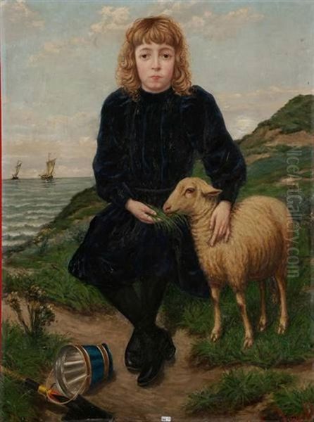 Fillette Et Son Mouton Dans Les Dunes Oil Painting by Jan-Baptist Lesaffre