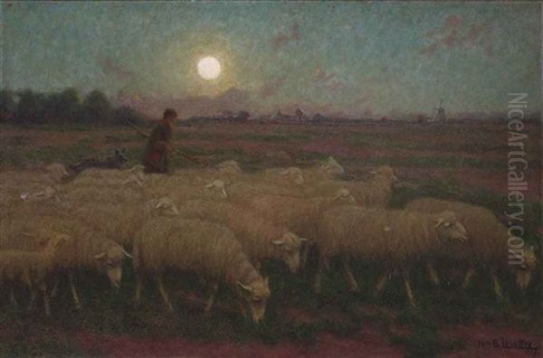 Moutons Au Clair De Lune Oil Painting by Jan-Baptist Lesaffre