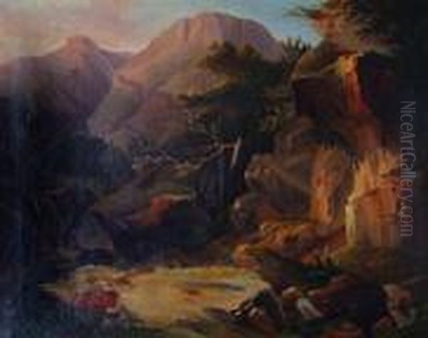 Paesaggio Roccioso Con Cascata Oil Painting by Giuseppe Benassai