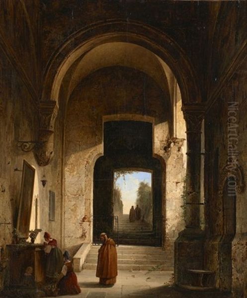 Personnages En Priere A L'entree D'une Eglise Oil Painting by Charles-Louis Lesaint