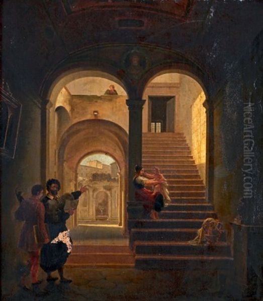 Personnages Dans Une Eglise En Ruine Oil Painting by Charles-Louis Lesaint