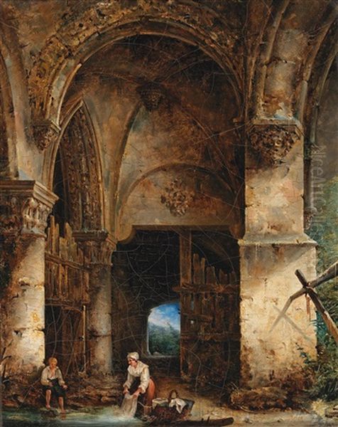 Wascherin In Verfallenem Schloss Oil Painting by Charles-Louis Lesaint