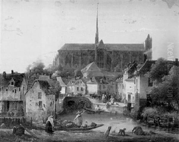 Vue De La Cathedrale D'amiens Oil Painting by Charles-Louis Lesaint