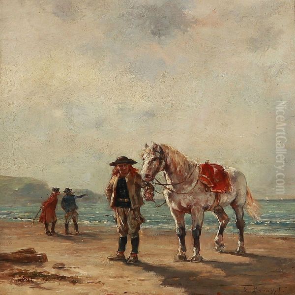 A Cavalry Officer On A Beach With His Horse Oil Painting by Louis Emile Benassit