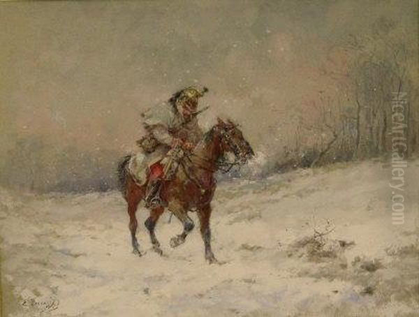 Prussian Cavalryman Returning In The Snow Oil Painting by Louis Emile Benassit