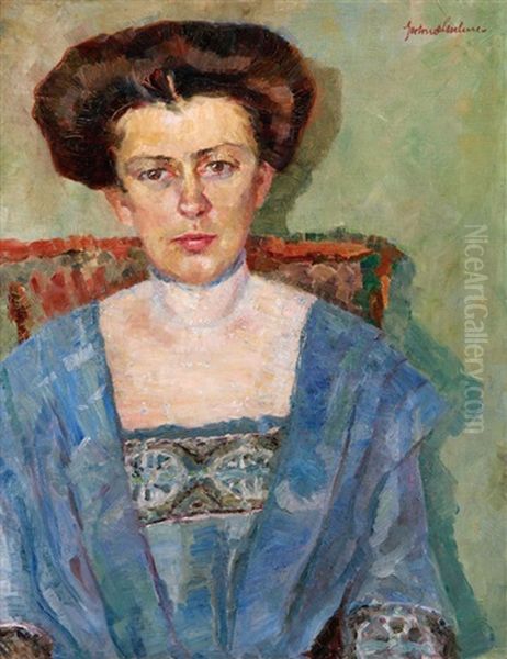 Portrait Of A Woman In Blue Dress Oil Painting by Gertrud Leschner