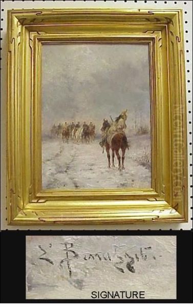 Oil On Wood Panel,continental Soldiers On Horseback In Winter, Signed Lower Left, Ina Modern Gilt Frame, Ss. 13