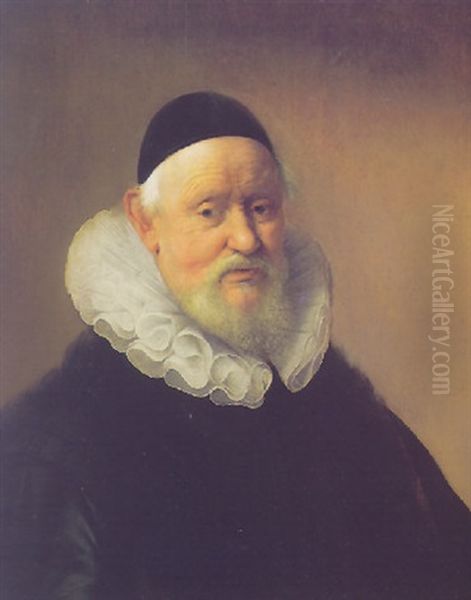 Portrait Of A Gentleman Wearing A Black Jacket With A Fur-trimmed Collar, A White Ruff, And A Black Skull Cap Oil Painting by Paulus Lesire