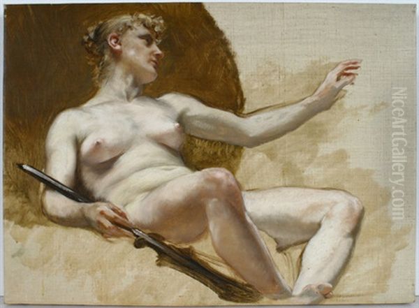 Studie Eines Halbliegenden Frauenaktes Im Dreiviertelprofil Nach Rechts, In Der Hand Einen Stab Mit Blasebalg Haltend (study) Oil Painting by Ludwig Lesker