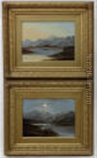 Highland Loch Scenes One During The Day And One At Night By Moonlight Oil Painting by Charles Leslie