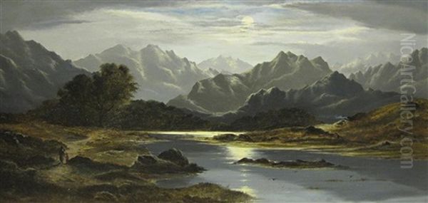 Mountainous Lake Landscape By Moonlight; And By Day (2 Works) Oil Painting by Charles Leslie