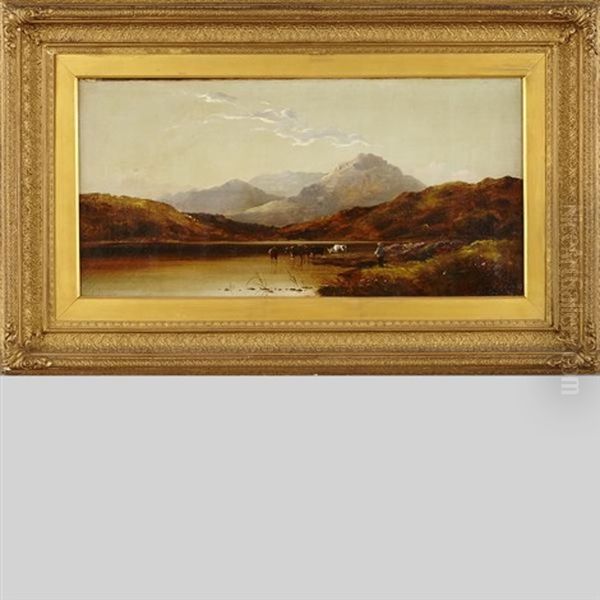 Highland Lake With Cattle Watering Oil Painting by Charles Leslie