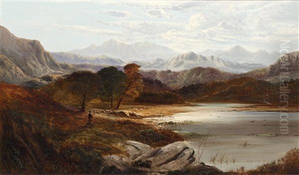 Highland Loch Scene With Farmer And Sheep On The Bank Oil Painting by Charles Leslie