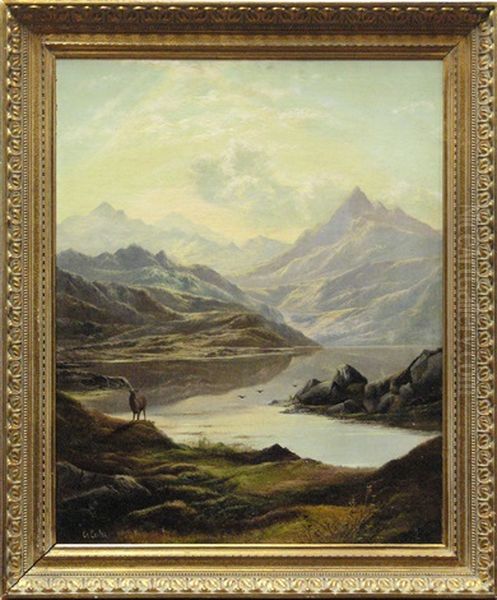 Stag In A Mountain Landscape Oil Painting by Charles Leslie