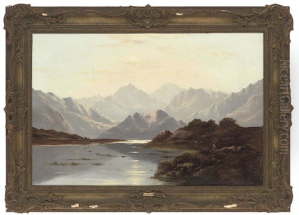 Figures Looking Out Over A Loch In The Highlands Oil Painting by Charles Leslie