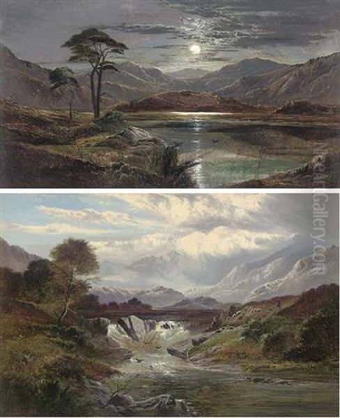 Loch Lubnaig By Moonlight, Perthshire (+ A Showery Day On The Colwyn, North Wales, 1883; Pair) Oil Painting by Charles Leslie