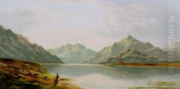 Herdar Med Far I Skotskt Bergslandskap Oil Painting by Charles Leslie