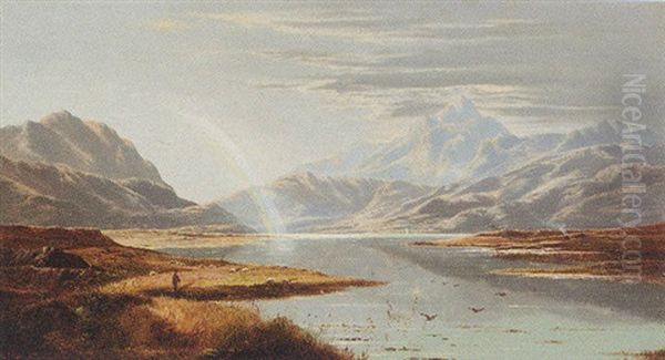 A Shepherd In A Loch Landscape, A Rainbow Beyond Oil Painting by Charles Leslie