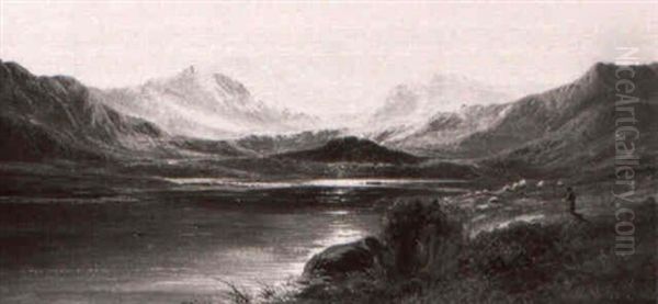 A Drover And His Flock Before A Highland Loch by Charles Leslie