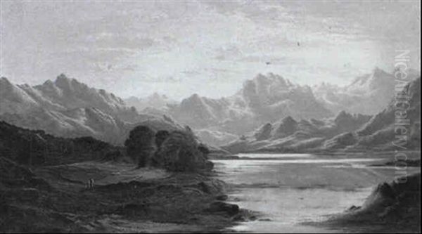 A Highland Loch [&] A Flock Of Sheep By A Loch Oil Painting by Charles Leslie