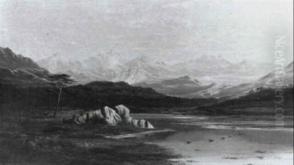 A Highland Loch With Distant Mountains [&] Stags By A Highland Loch Oil Painting by Charles Leslie