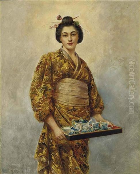 Japonaise Tenant Un Service A The Dans Un Plateau Oil Painting by George Dunlop Leslie