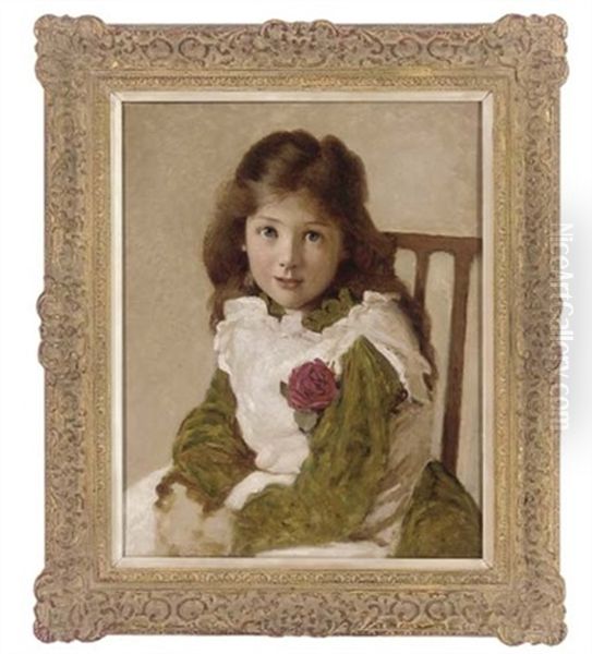 Portrait Of The Artist's Daughter In A Green Dress With White Pinafore Oil Painting by George Dunlop Leslie