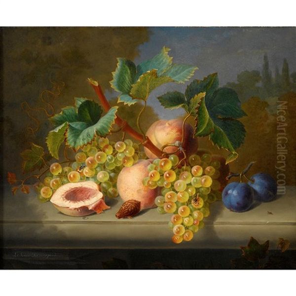 Grapes, Peaches, And Plums On A Stone Ledge Oil Painting by Ange Louis Guillaume Lesourd-Beauregard