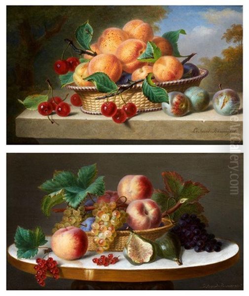 Nature Morte Au Panier D'abricots Sur Un Entablement Et Nature Morte Au Panier De Peches Et Raisins Sur Un Gueridon (pair) Oil Painting by Ange Louis Guillaume Lesourd-Beauregard