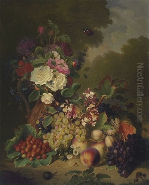 Grapes, Plums, Strawberries, Peaches, Pumpkin, And Summer Flowers Oil Painting by Ange Louis Guillaume Lesourd-Beauregard