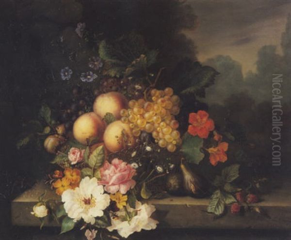 Nature Morte De Fruits Et Fleurs Disposes Sur Un Entablement Oil Painting by Ange Louis Guillaume Lesourd-Beauregard