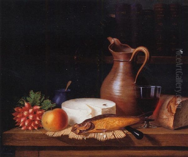 Still Life Of Fruit, Cheese, Fish And Wine by Ange Louis Guillaume Lesourd-Beauregard