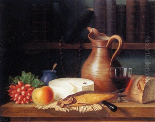 Still Life Of A Bunch Of Radishes, An Apple, Cheese, Herrings, A Glass Of Wine And Bread All Resting On A Woden Table With Religious Books On A Shelf Above Oil Painting by Ange Louis Guillaume Lesourd-Beauregard