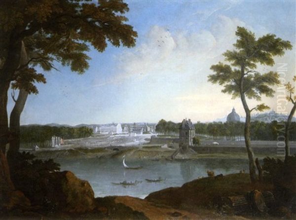 Vue Du Palais Des Tuileries Depuis La Rive Gauche (+ La Place De La Concorde En Travaux; Pair) Oil Painting by Nicolas Louis de Lespinasse