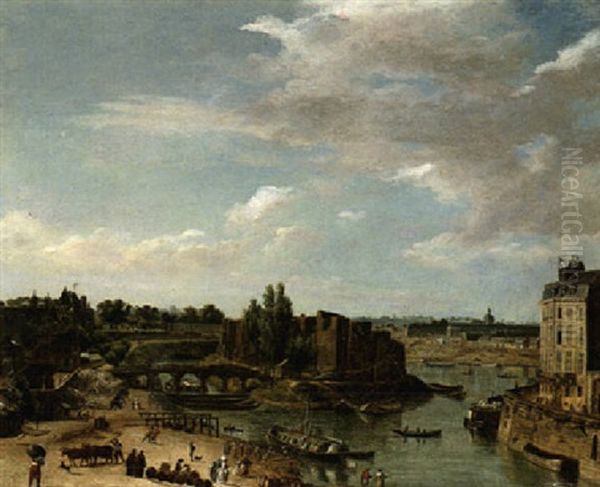 Paris, A View From The Rive Droite Of The River Seine, With The Ile-saint-louis To The Right And The Hopital Salepetriere In The Distance Oil Painting by Nicolas Louis de Lespinasse