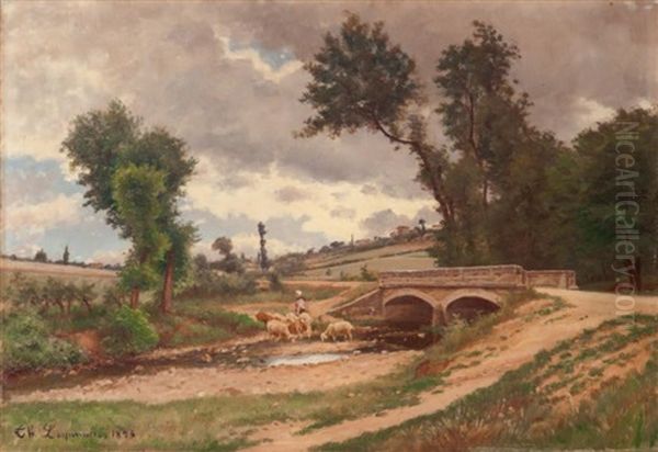 Bergere Et Son Troupeau Au Pied D'un Pont Oil Painting by Theodore Lespinasse