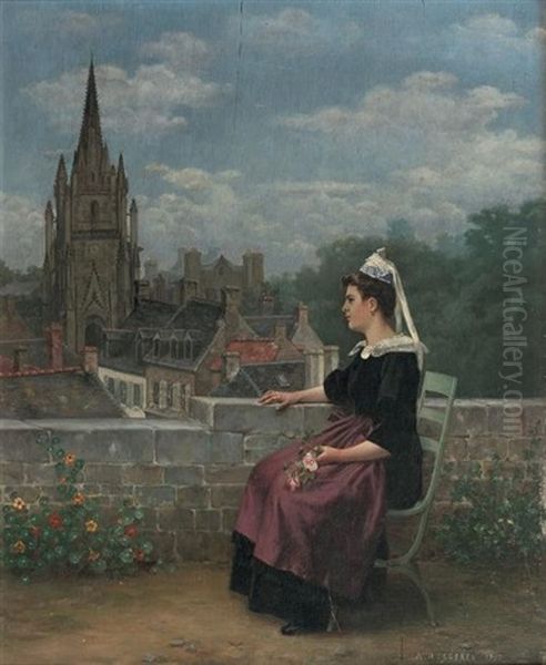 Bretonne Sur Une Terrasse Oil Painting by Adolphe Alexandre Lesrel