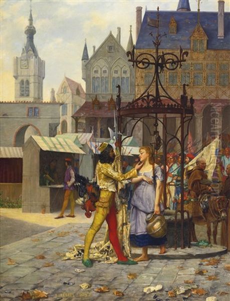 Flirtation In The Town Square Oil Painting by Adolphe Alexandre Lesrel