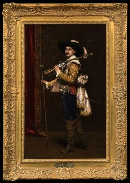 A Dashing Cavalier Oil Painting by Adolphe Alexandre Lesrel