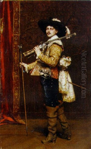 A Dashing Cavalier Oil Painting by Adolphe Alexandre Lesrel