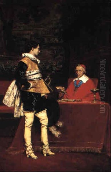 Cardinal Richelieu Giving A Letter To The Mousquetaire D'artagnan Oil Painting by Adolphe Alexandre Lesrel