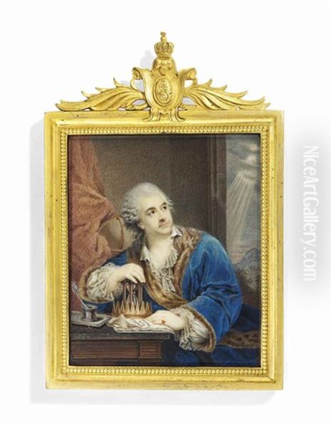 Stanislas Ii Augustus Poniatowski (1732-1798), King Of Poland, In Fur-bordered Blue Robe, Frilled Shirt, Seated At A Desk, His Right Hand On An Hour Glass Next To A Crown Oil Painting by Wincenty de Lesseur